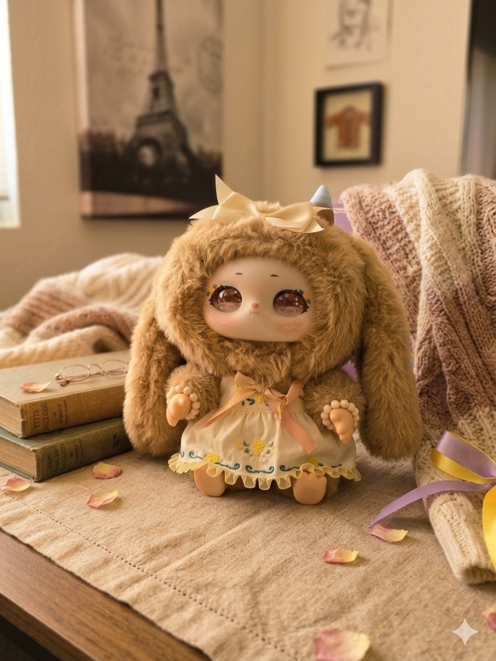 Plush Bunny Costume Doll in Brown with Floral Dress